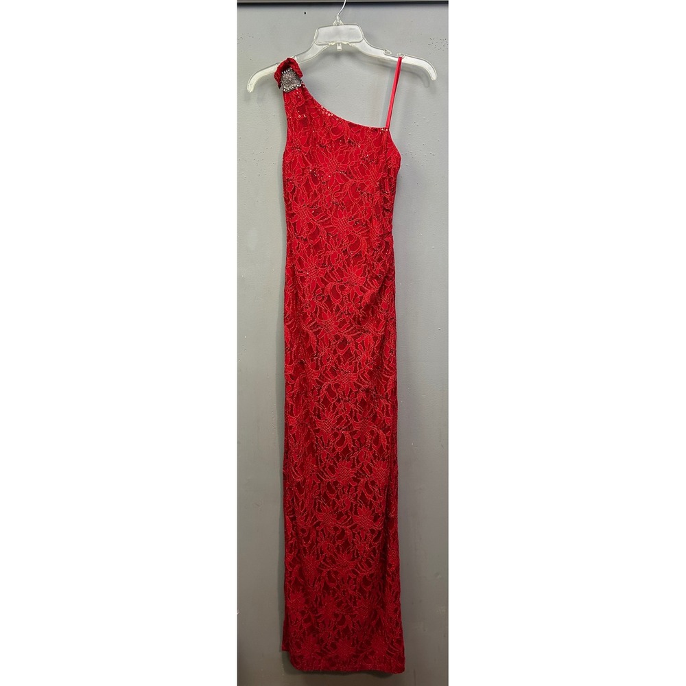 Hailey Adrianna Papell Dress Womens 2 Red Lace One Shoulder Sequin Formal Gown